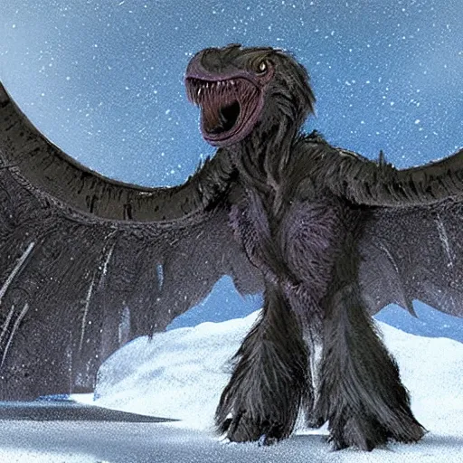 Prompt: Concept art of a feathered raptor-like alien creature, standing in the middle of a snowfield