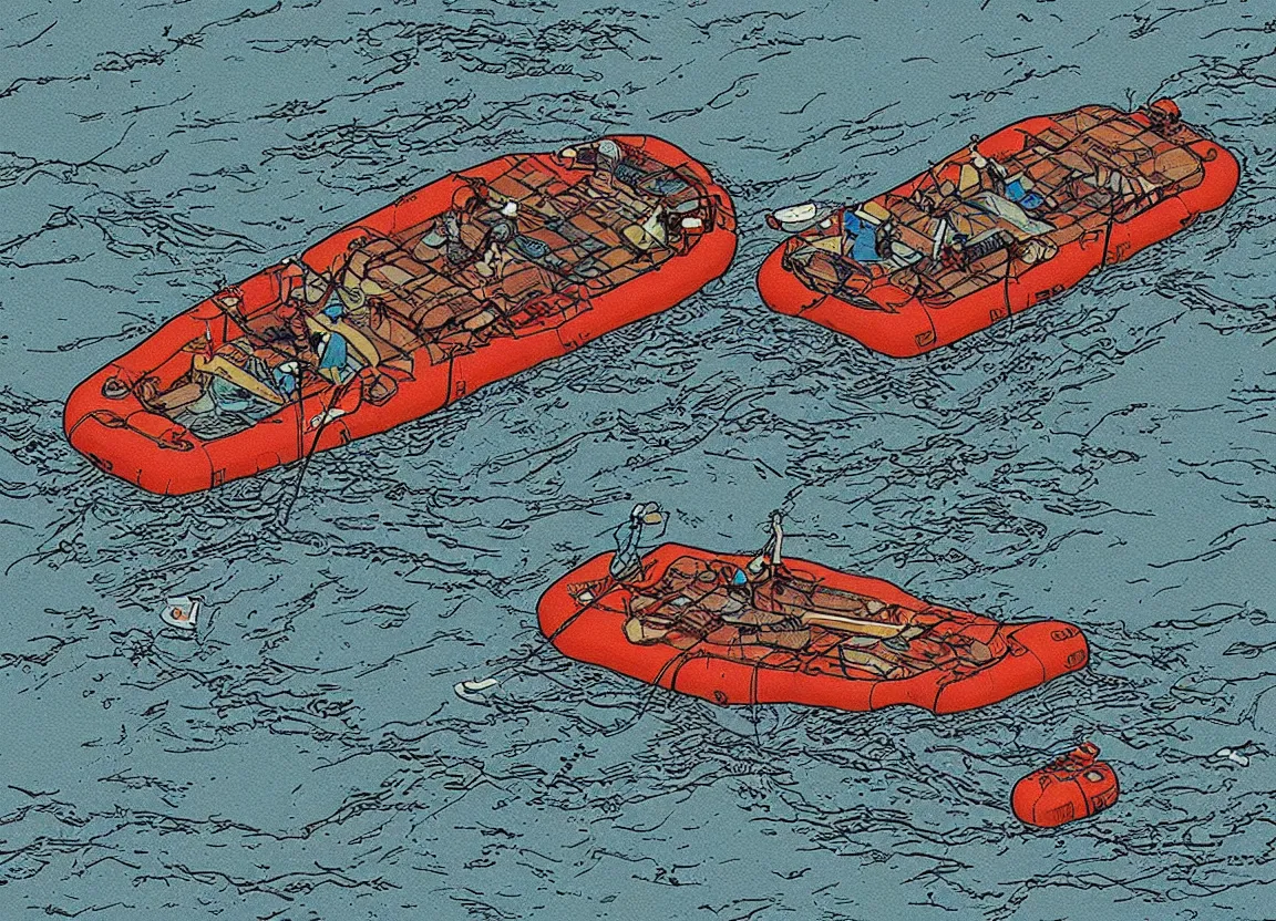 Image similar to a river raft floating down a river by moebius