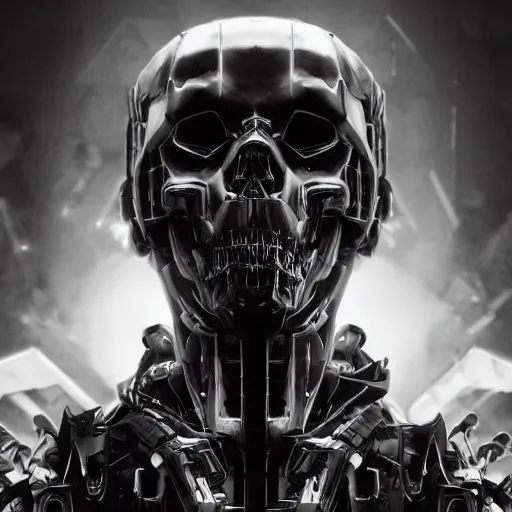 Image similar to black and white cyberpunk style dark bio metal skull, mecha hard-surface, cyberpunk, hyperrealistic, cinematic, unreal engine, 3D, 8K, imagined by Ash Thorp, Tsutomu Nihei, Ghost In The Shell, Akira