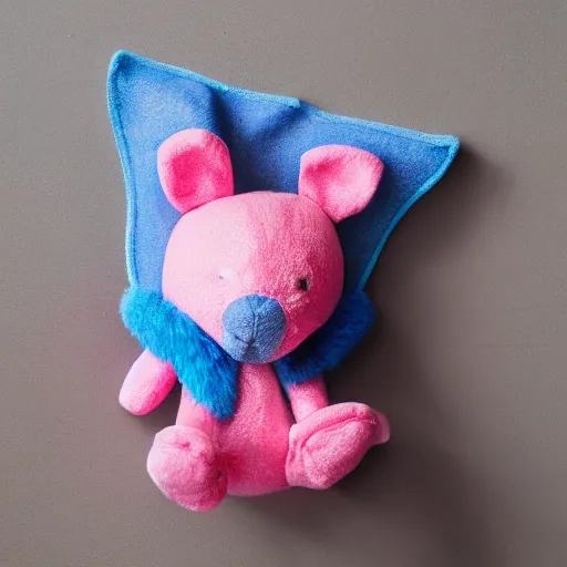 Prompt: photo of pink stuffed animal, kangaroo, blue sweater
