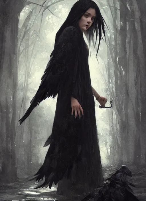 Prompt: a young woman with very short black hair and a huge cloak made of black raven feathers, beautiful painting by greg rutkowski