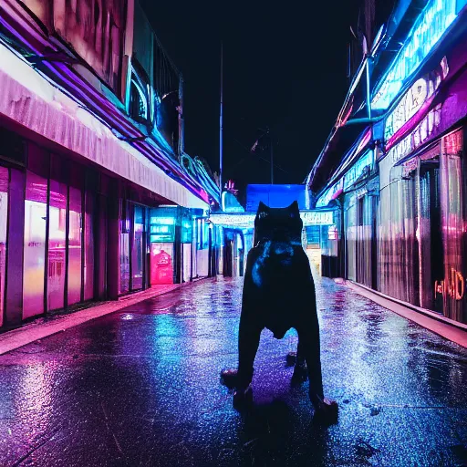 Image similar to a high quality low wide angle photo of a panther on the streets of a cyberpunk city, rainy, reflective ground, neon lights, realism, 8k