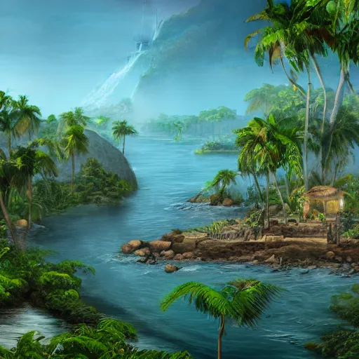 Image similar to Large port on the shore of the island with the jungle, 8k, detailed, concept art, trending on artstation