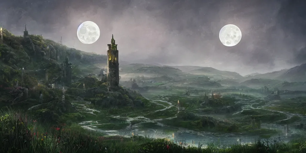 Image similar to The great intricate marble wizards tower, painted landscape, green fields in the background, moody lighting, moon in the night sky, sharp image, 4k, artstation, colorful digital art