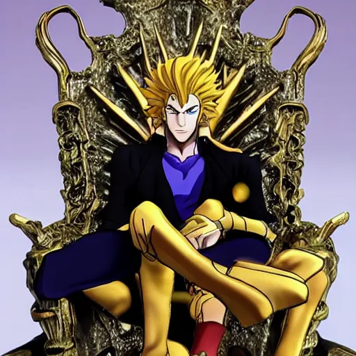 Image similar to dio from jojo's bizarre adventure sitting on a throne, stardust crusaders anime still