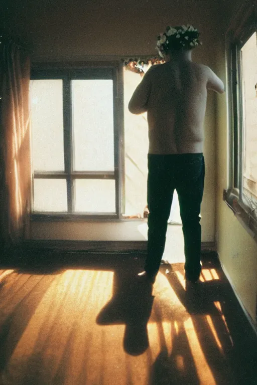 Prompt: agfa vista 4 0 0 photograph of a guy standing in a cluttered 9 0 s bedroom, flower crown, back view, lens flare, moody lighting, moody vibe, telephoto, 9 0 s vibe, blurry background, grain, tranquil, calm, faded!,