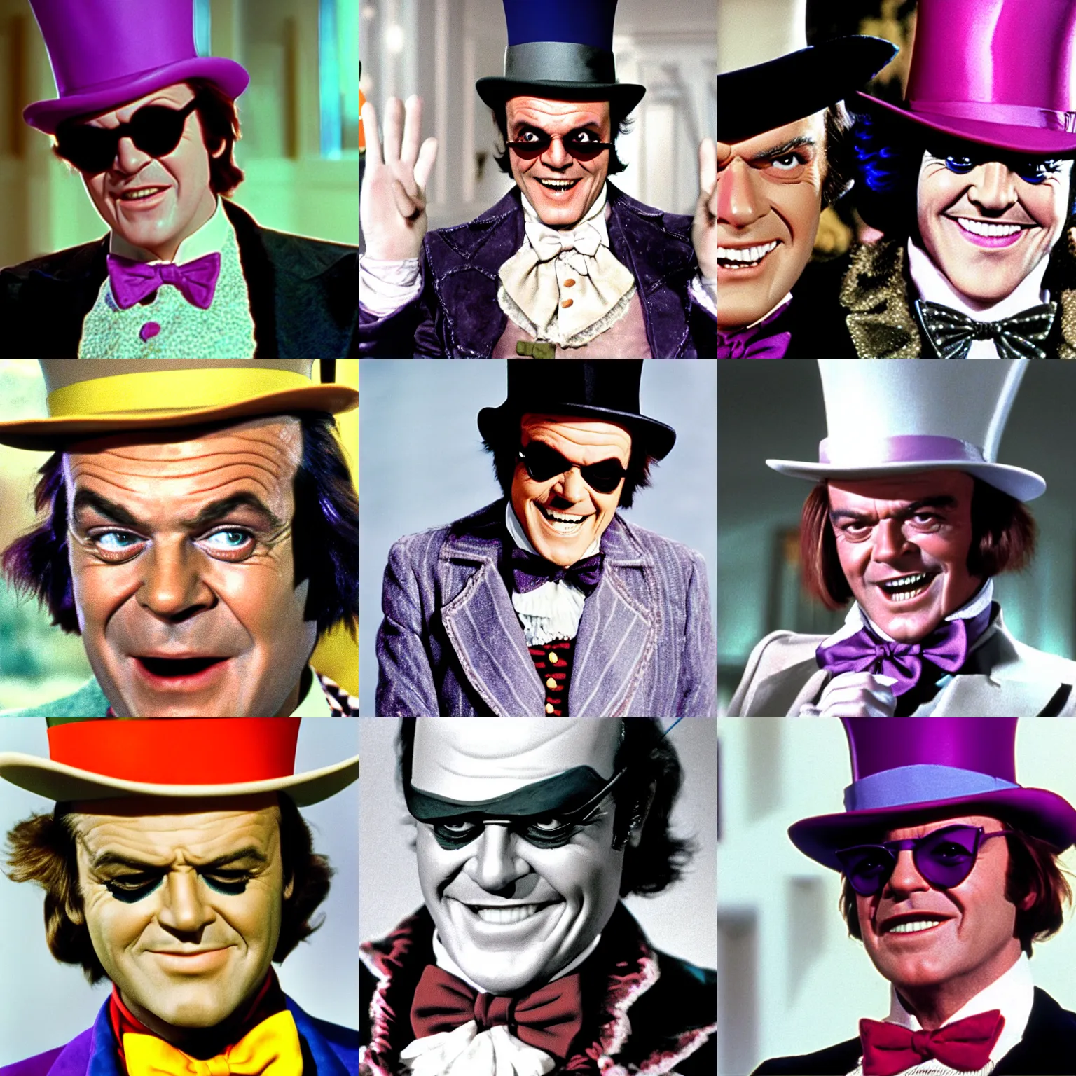 Prompt: film still of jack nicholson as willy wonka, photo, photography, close up