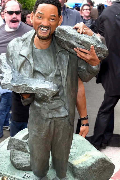 Prompt: a funny a promotional picture of Will Smith smithing a small sculpture of Will Smith on an anvil