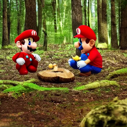 Image similar to mario and luigi eating mushrooms in the forest, photo captured on polarioid