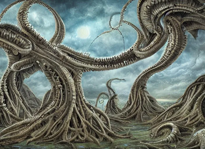 Prompt: lovecraftian structures in the sky by bosch, highly detailed digital painting