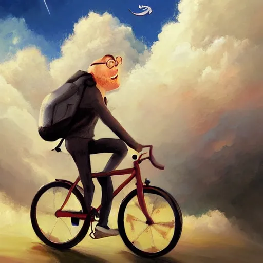 Image similar to A whimsical painting of a happy man flying in the sky on his bicycle in the clouds, expressive oil painting, digital art by Ross Tran