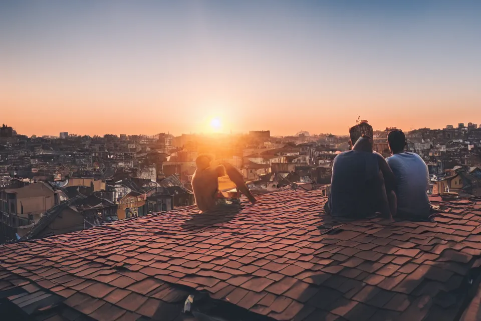 Image similar to two guys are sitting on the roof of a house against the background of the city during sunset