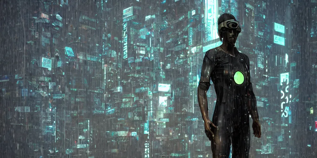 Image similar to cyberpunk statue, rain, space