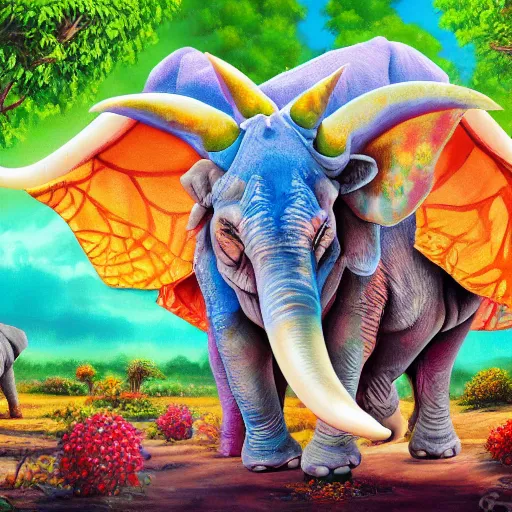 Image similar to hybrid animal cross between colorful triceratops and elephant detailed oil painting 4k