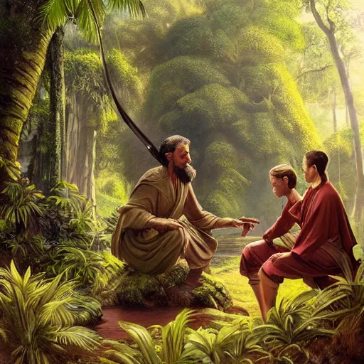 Prompt: stunning oil painting of a jedi master mentoring a jedi padawan on a lush jungle planet