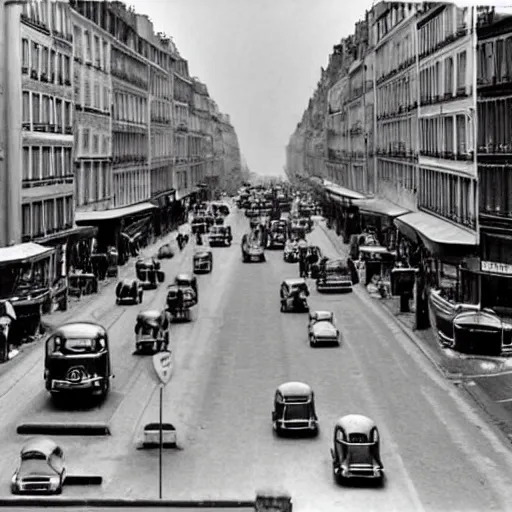 Prompt: une rue de paris vide avec des voitures garees ( ( ( en 1 9 5 5 ) ) )