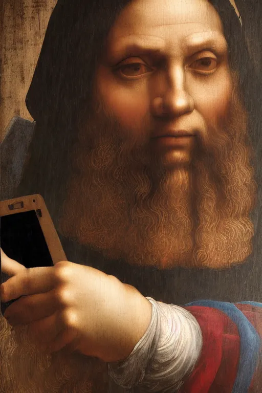 Prompt: leonardo da vinci taking a selfie, oil painting, digital art, photorealism