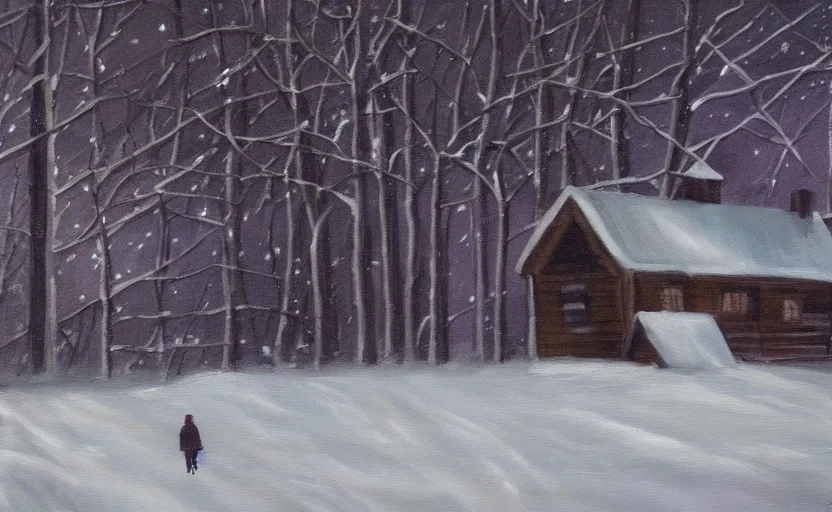 Image similar to snowy very dark night scene depicting a single wooden cabin surrounded by the woods with one bright window. a man running away from it leaving footprints in snow. oil painting.