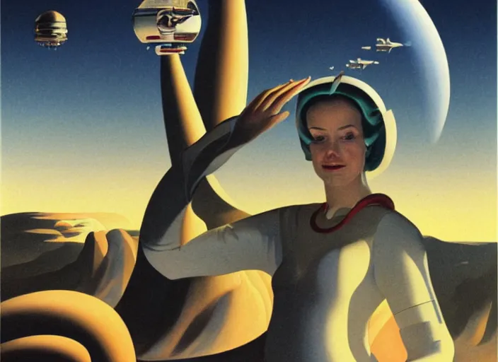 Image similar to portrait of a woman with swirling hair, illustration by Chesley Bonestell retrofuturism, reimagined by industrial light and magic