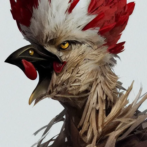 Prompt: scary portrait of an asian man dressed as a chicken, the chicken man, man dressed as a chicken, highly detailed painting by dustin nguyen, akihiko yoshida, greg tocchini, greg rutkowski, cliff chiang, 4 k resolution, trending on artstation, 8 k, man dressed as a chicken