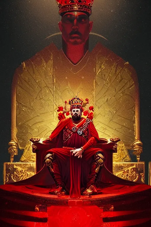 Image similar to the emperor tarot card, the crowned embodiment of male power holding the symbol of his power sits on a lavish red throne ruling with wisdom and care, 8 k resolution digital painting, by alena aenami, by michael whelan, behance hd, trending on artstation deviantart