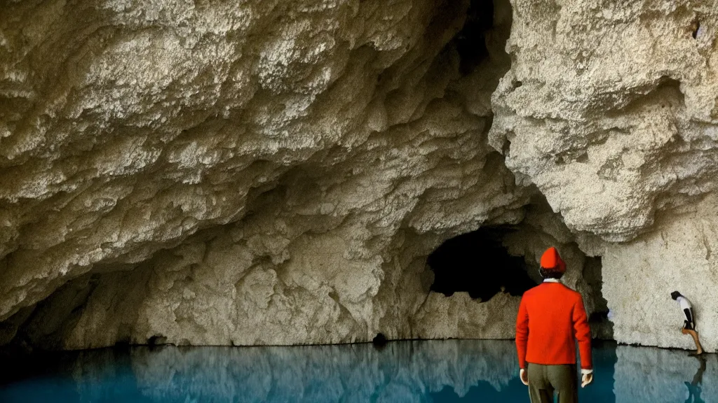 Image similar to a man exploring a cave off of a lake in France, film still from the movie directed by Wes Anderson and Jacques Tati with art direction by Salvador Dalí, wide lens