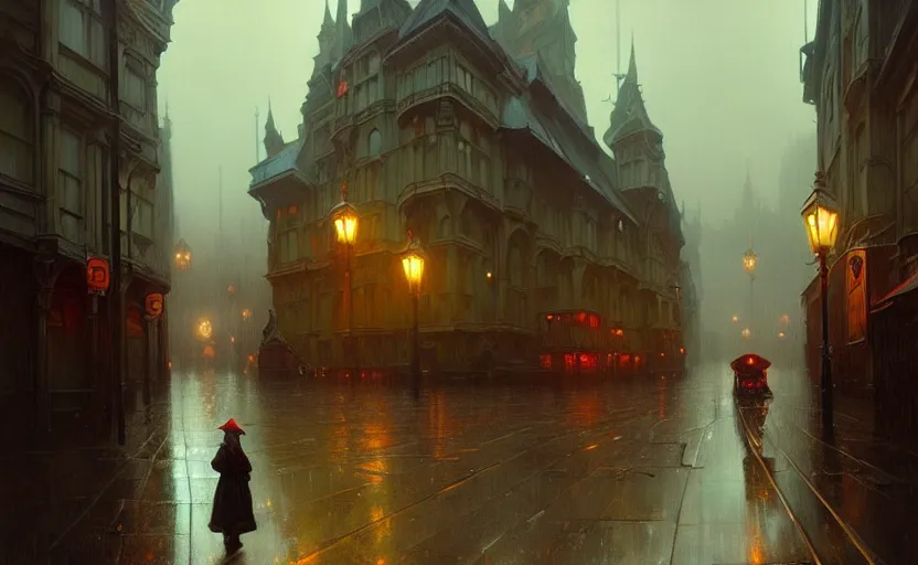 Prompt: an old victorian city with rainy atmosphere and moody and cinematic lighting by alphonse mucha, simon stalenhag and darek zabrocki, cinematic and atmospheric, concept art, artstation, trending on artstation