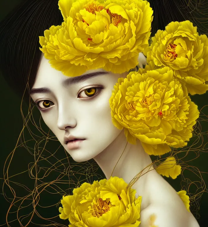 Image similar to beautiful yellow woman, symmetrical portrait, realistic, black peonies, tangled vines, rich details, by wlop and amano yoshitaka