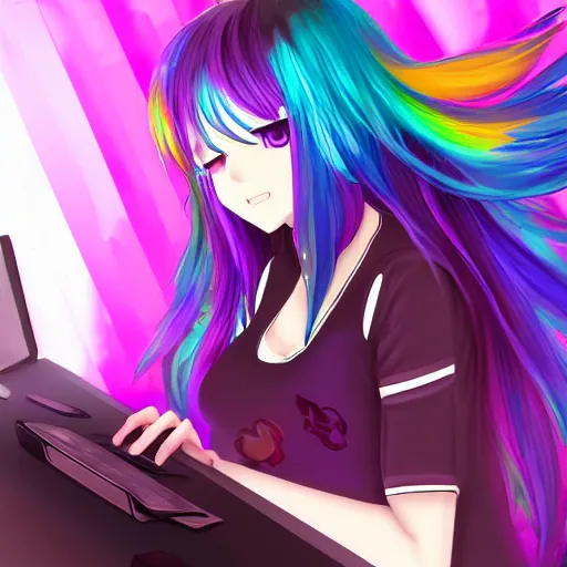 Prompt: digital anime art!!, gamer girl! bedroom sleeping on desk!!, rainbow eyes, rainbow hair, iterations = 5 0 0 0, trending on pixiv, artstation, deviantart, sakimimichan, artgerm - n 9