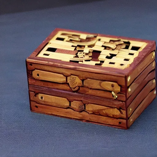 Prompt: a wooden mechanical puzzle box, product photo