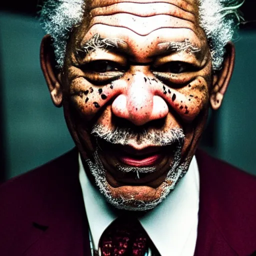 Image similar to a film still of Morgan Freeman starring as The Joker, 40mm lens, shallow depth of field, split lighting, cinematic