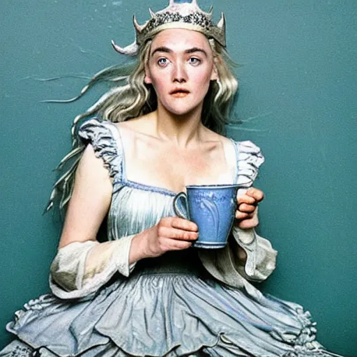 Prompt: A 15th century, messy, silver haired, (((mad))) elf princess (look like ((young Kate Winslet))), dressed in a frilly ((ragged)), wedding dress, is ((drinking a cup of tea)). Everything is underwater! and floating. Greenish blue tones, theatrical, (((underwater lights))), high contrasts, fantasy water color, inspired by John Everett Millais's Ophelia