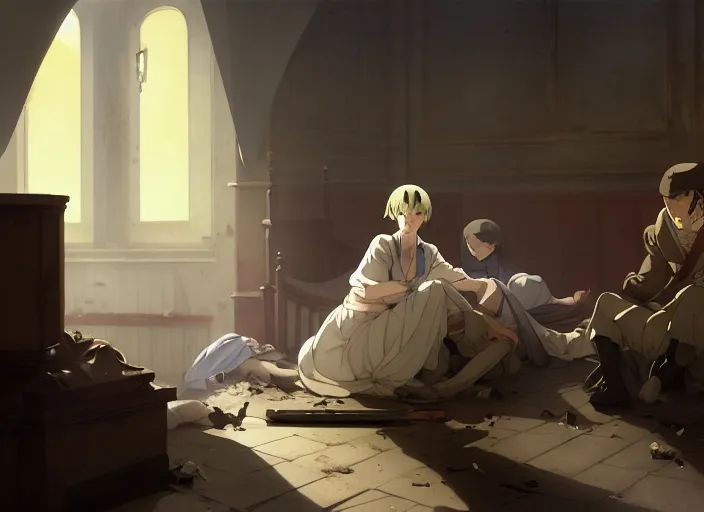 Image similar to 1 8 5 4 crimea, florence nightingale, army hospital in scutari, overcrowded, filthy, blocked drains, broken toilets, rats, wounded soldiers, sleep dirty floor, no blankets, finely detailed perfect art, gapmoe yandere grimdark, trending on pixiv fanbox, painted by greg rutkowski makoto shinkai takashi takeuchi studio ghibli