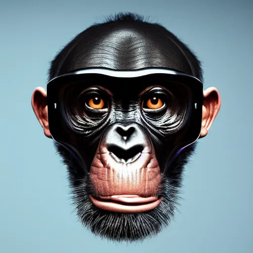 Prompt: Portrait of chimpanzee general wearing mirrorshades and a futuristic leather uniform, photorealistic, highly detailed, cinematic lighting, volumetric lighting