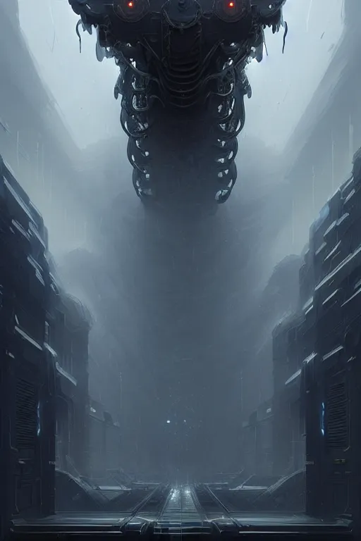 Prompt: professional concept art of a symmetrical! ominous floating mechanical steel terrifying giant monster thing in a dark room by artgerm and greg rutkowski. an intricate, elegant, highly detailed digital painting, concept art, smooth, sharp centred focus, illustration, in the style of cam sykes, wayne barlowe, igor kieryluk.