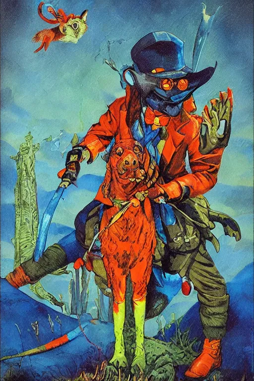 Image similar to fox hunter of the durnan, art by frank kelly freas and fred fields and alicia austin, trending on artstation, iridescent cool blue and cyan and red and blue and yellow and green lighting fish eye gigapixel, dark academia, trending on artstation, stuckism, cubism