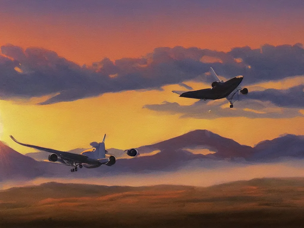 Image similar to single airbus airplane on runway at sunrise, mist. hills in the background. painting by moebius