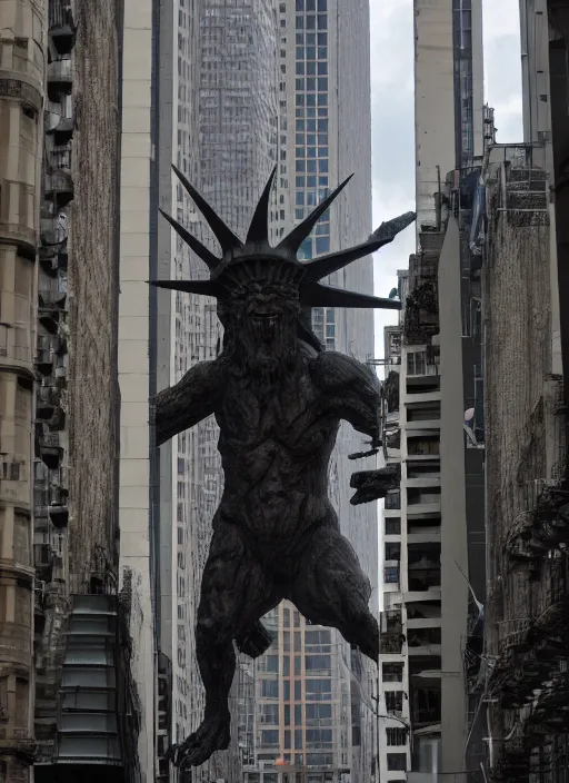 Image similar to giant monster walking between buildings, and it has the angry face of the statue of liberty