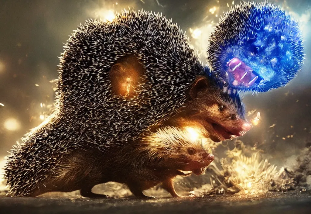 Image similar to a hedgehog alien fighting godzilla