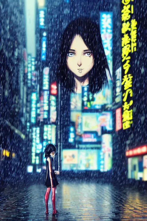 Prompt: Kodak Portra 160, 8K, highly detailed, wachowski seinen manga 3/4 closeup portrait, eye contact, focus on clear transparent wet raincoat replicant girl model, tilt shift zaha hadid style anime background: famous blade runner anime remake, rainy tokyo izakaya scene