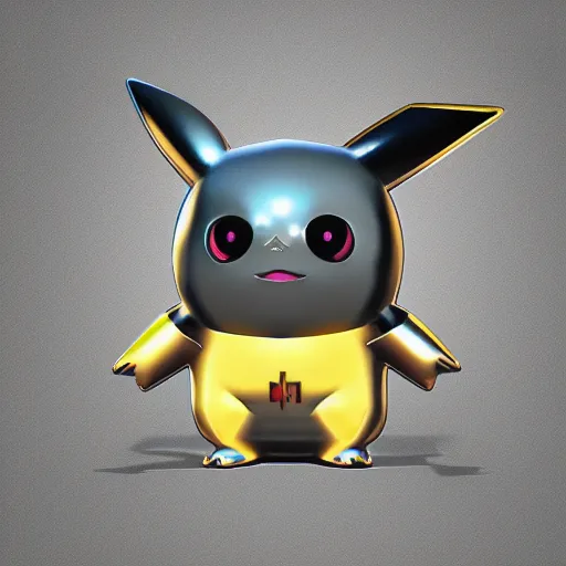 Image similar to chrome pikachu, glossy, metallic, neon, symmetrical, tribal patterns, realistic, unreal engine, octane, redshift, artstation, behance