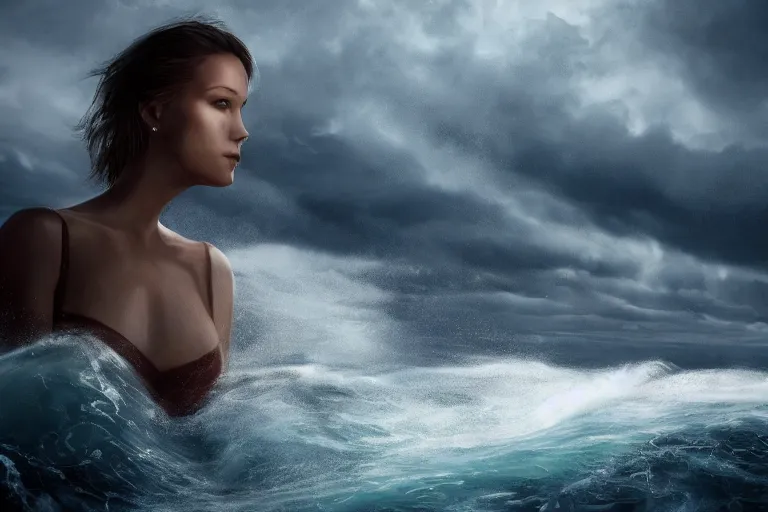 Image similar to A beautiful woman on a giant open book in the middle of the ocean during a storm, dramatic lighting, cinematic, 8k HDR, highly detailed, high quality, octane render, unreal engine 5, path tracing, turbulent sea, concept art, trending on Artstation