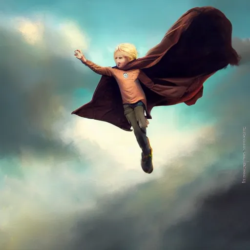 Image similar to blonde boy wearing a brown cape and flying in t pose, closeup, powerful, space background, oil painting, brush strokes, greg rutkowski