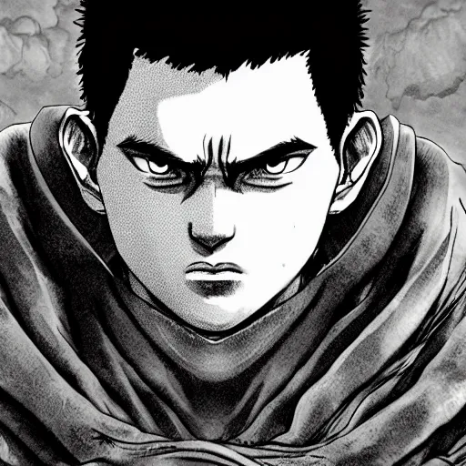 Image similar to guts in the style of kentaro miura, 4 k, 8 k, absolute detail of even the smallest details and particles, beautiful shadows, beautiful art, black and white drawing, high rendering of the details of the environment, faces and characters