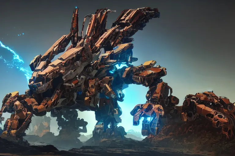 Image similar to rockbreaker machine mecha animal beast robot of horizon forbidden west horizon zero dawn bioluminiscence global illumination ray tracing hdr fanart arstation by sung choi and eric pfeiffer and gabriel garza and casper konefal