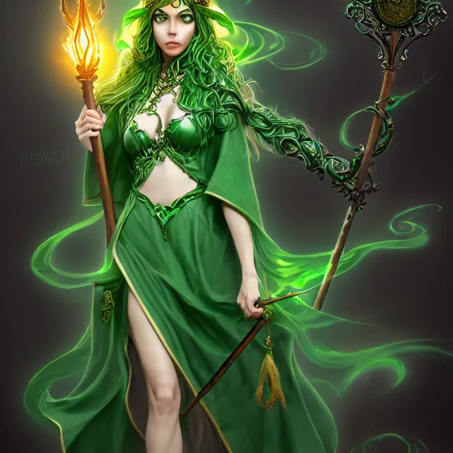 Image similar to beautiful elemental earth witch with ornate green robes and staff, highly detailed, 4 k, hdr, smooth, sharp focus, high resolution, award - winning photo, artgerm, photorealistic