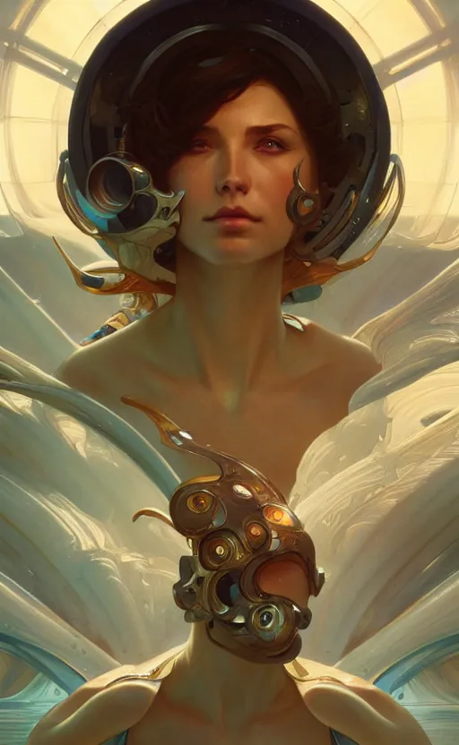 Image similar to seashell, sci-fi, highly detailed, digital painting, artstation, concept art, smooth, sharp focus, illustration, art by artgerm and greg rutkowski and alphonse mucha