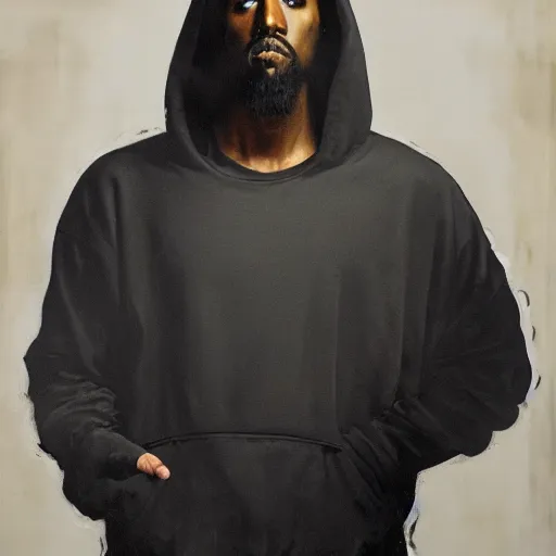 Prompt: a full body portrait of modern day jesus wearing yeezus streetwear hoodie and pants by nicola samori, oil painting, realistic, 8 k, kanye style