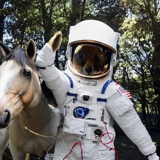 Image similar to photo of astronaut standing on all fours with a cute dappled horse which is sitting on his back in saddle