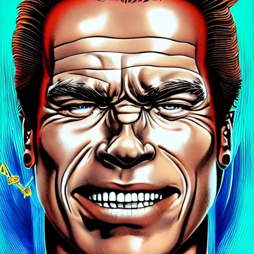 Prompt: portrait of arnold schwarzenegger, excited, symmetrical, by yoichi hatakenaka, masamune shirow, josan gonzales and dan mumford, ayami kojima, takato yamamoto, barclay shaw, karol bak, yukito kishiro